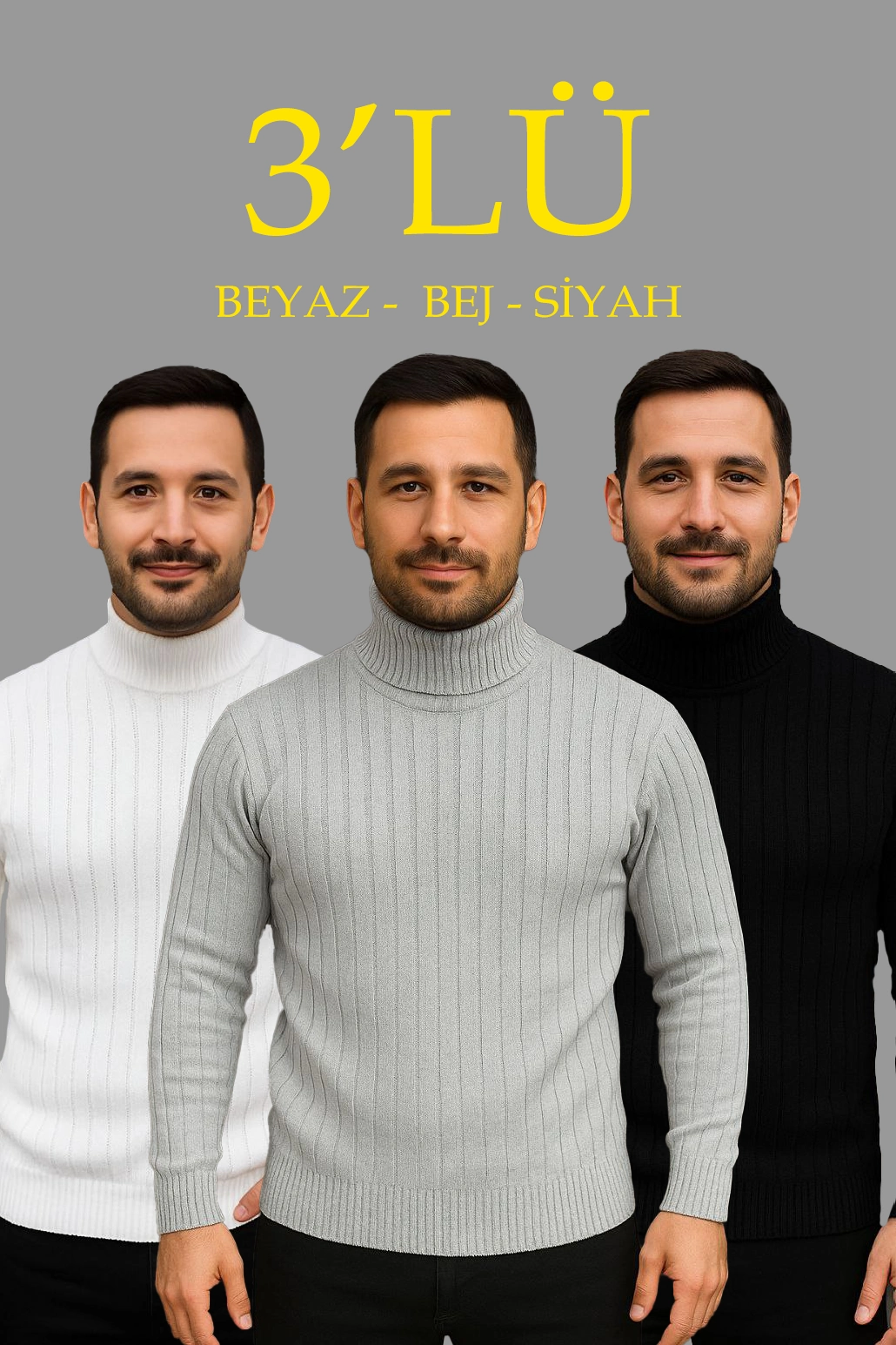 Erkek Fitilli Triko Kazak 3'lÜ Set Beyaz Gri Siyah Regular Balıkcı Yaka Tam Boğazlı Triko Seti Modeli Kazak
