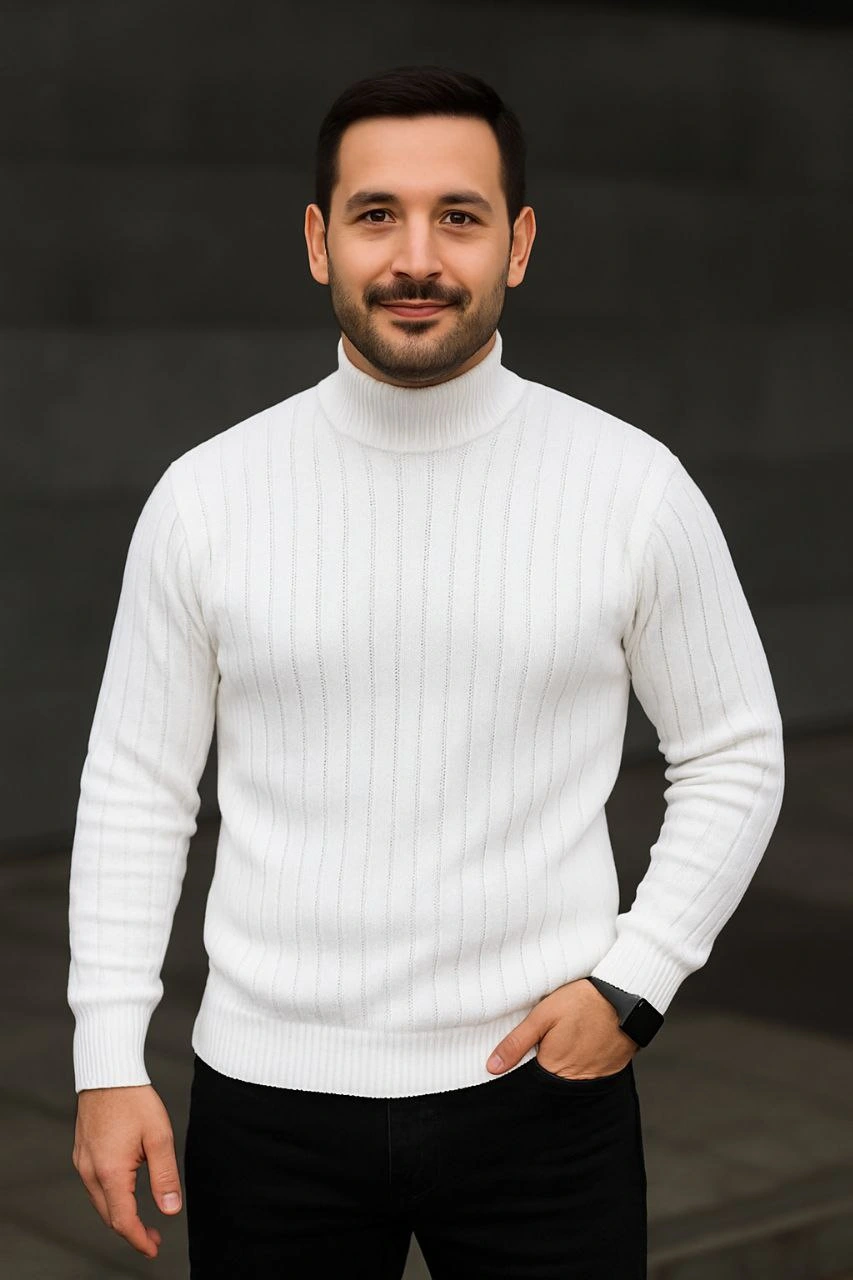 Erkek Fitilli Triko Kazak 3'lÜ Set Beyaz Gri Siyah Regular Balıkcı Yaka Tam Boğazlı Triko Seti Modeli Kazak