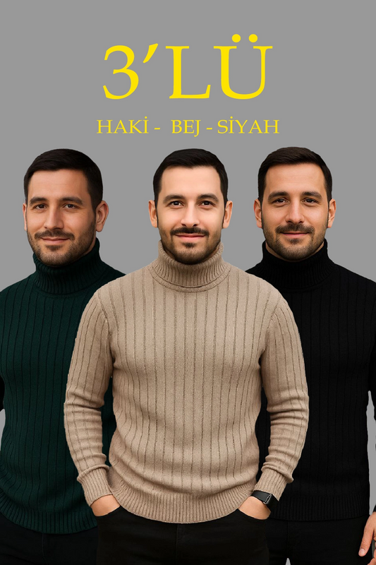 Erkek Fitilli Triko Kazak 3'lÜ Set Bej Haki Siyah Regular Balıkcı Yaka Tam Boğazlı Triko Seti Modeli Kazak