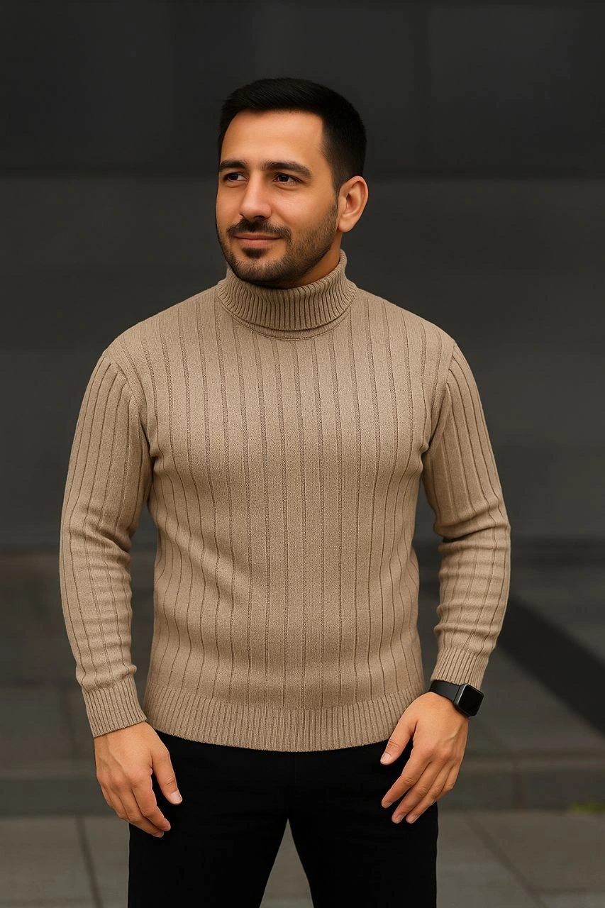 Erkek Fitilli Triko Kazak 3'lÜ Set Bej Haki Siyah Regular Balıkcı Yaka Tam Boğazlı Triko Seti Modeli Kazak