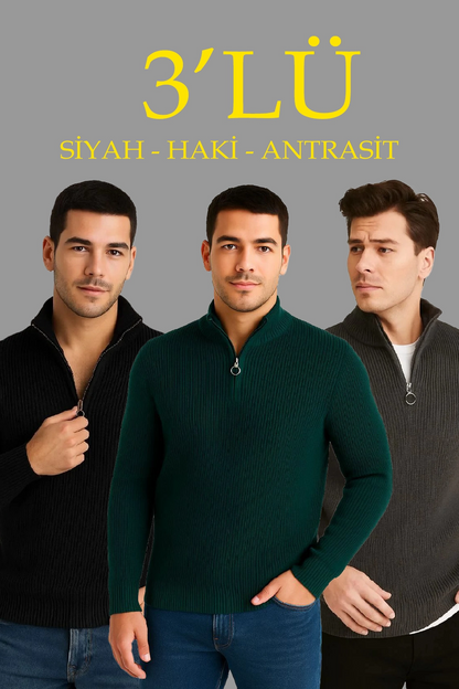 Erkek Fitilli Triko Kazak 3 lü Set - Haki, Siyah, Antrasit Kalın Dokuma Pamuklu Regular Fit V Yaka Fermuarlı Uzun Kollu Rahat Kışlık Kazak Kombini
