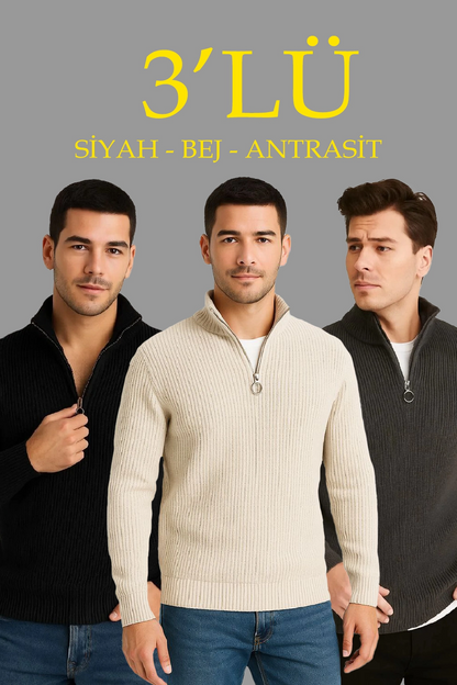 Erkek Fitilli Triko Kazak 3 lü Set - Antrasit, Siyah, Bej Kalın Dokuma Pamuklu Regular Fit V Yaka Fermuarlı Uzun Kollu Rahat Kışlık Kazak Kombini