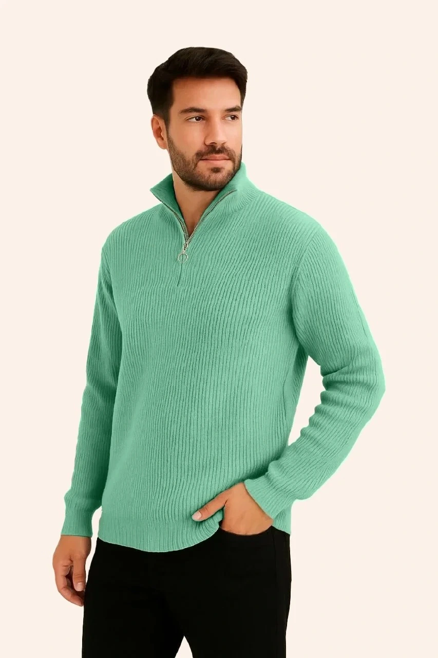 Erkek Fitilli Triko Kazak 3 lü Set - Mint Yeşili, Siyah, Bej Kalın Dokuma Pamuklu Regular Fit V Yaka Fermuarlı Uzun Kollu Rahat Kışlık Kazak Kombini