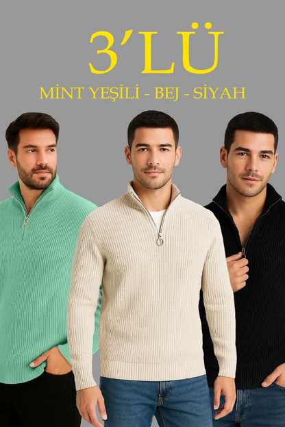 Erkek Fitilli Triko Kazak 3 lü Set - Mint Yeşili, Siyah, Bej Kalın Dokuma Pamuklu Regular Fit V Yaka Fermuarlı Uzun Kollu Rahat Kışlık Kazak Kombini