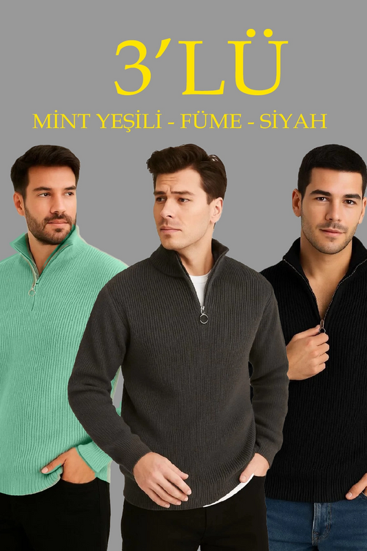 Erkek Fitilli Triko Kazak 3 lü Set - Mint Yeşili, Siyah, Füme Kalın Dokuma Pamuklu Regular Fit V Yaka Fermuarlı Uzun Kollu Rahat Kışlık Kazak Kombini