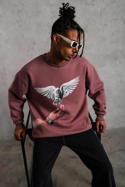 Erkek Güvercin Baskılı Sweatshirt - Gül Kurusu