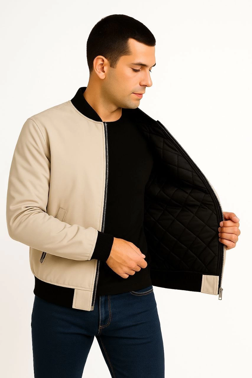 Erkek Bomber Mont Ceket - Fermuarlı, Kapitone İçi Astarlı, Su İtici Kumaş, Regular Fit, Uzun Kollu, Yandan Cepli, Bahar & Kış Rahat Günlük Stil - Bej