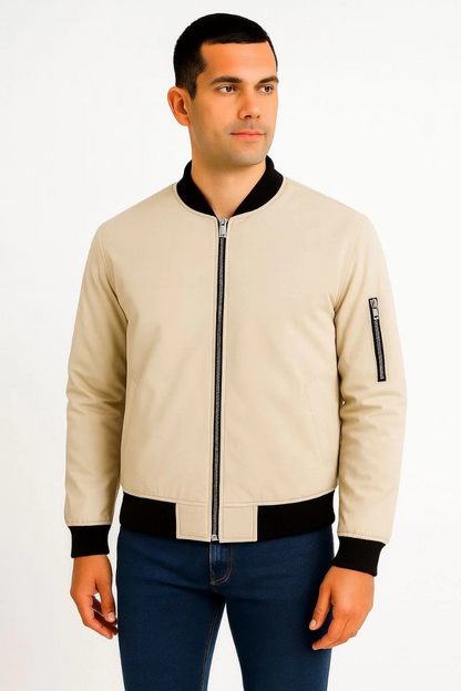 Erkek Bomber Mont Ceket - Fermuarlı, Kapitone İçi Astarlı, Su İtici Kumaş, Regular Fit, Uzun Kollu, Yandan Cepli, Bahar & Kış Rahat Günlük Stil - Bej