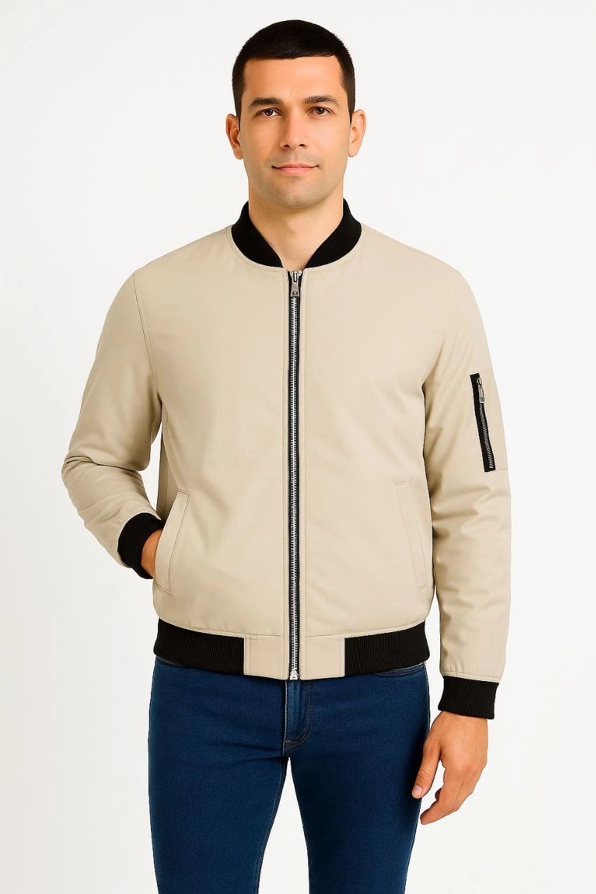 Erkek Bomber Mont Ceket - Fermuarlı, Kapitone İçi Astarlı, Su İtici Kumaş, Regular Fit, Uzun Kollu, Yandan Cepli, Bahar & Kış Rahat Günlük Stil - Bej