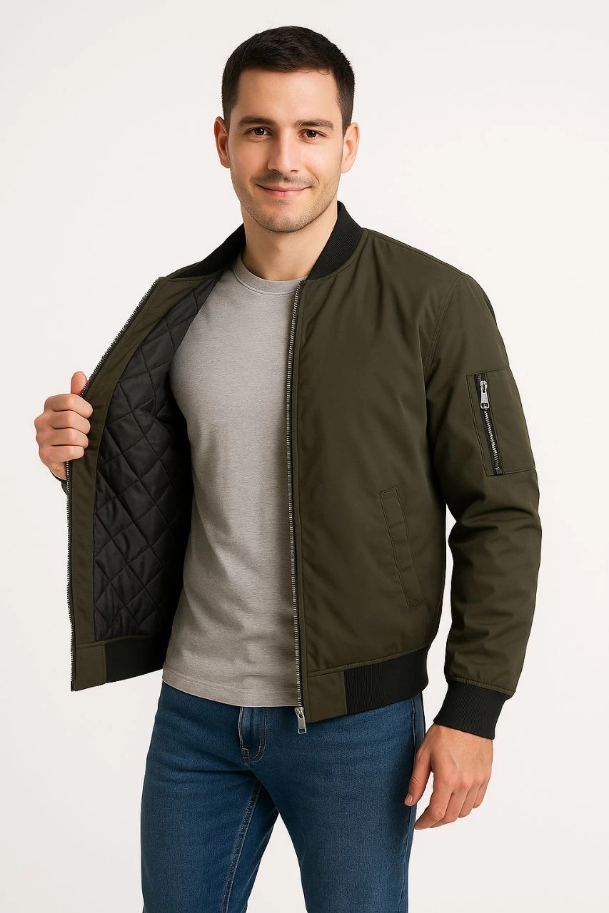 Erkek Bomber Mont Ceket - Fermuarlı, Kapitone İçi Astarlı, Su İtici Kumaş, Regular Fit, Uzun Kollu, Yandan Cepli, Bahar & Kış Rahat Günlük Stil - Haki