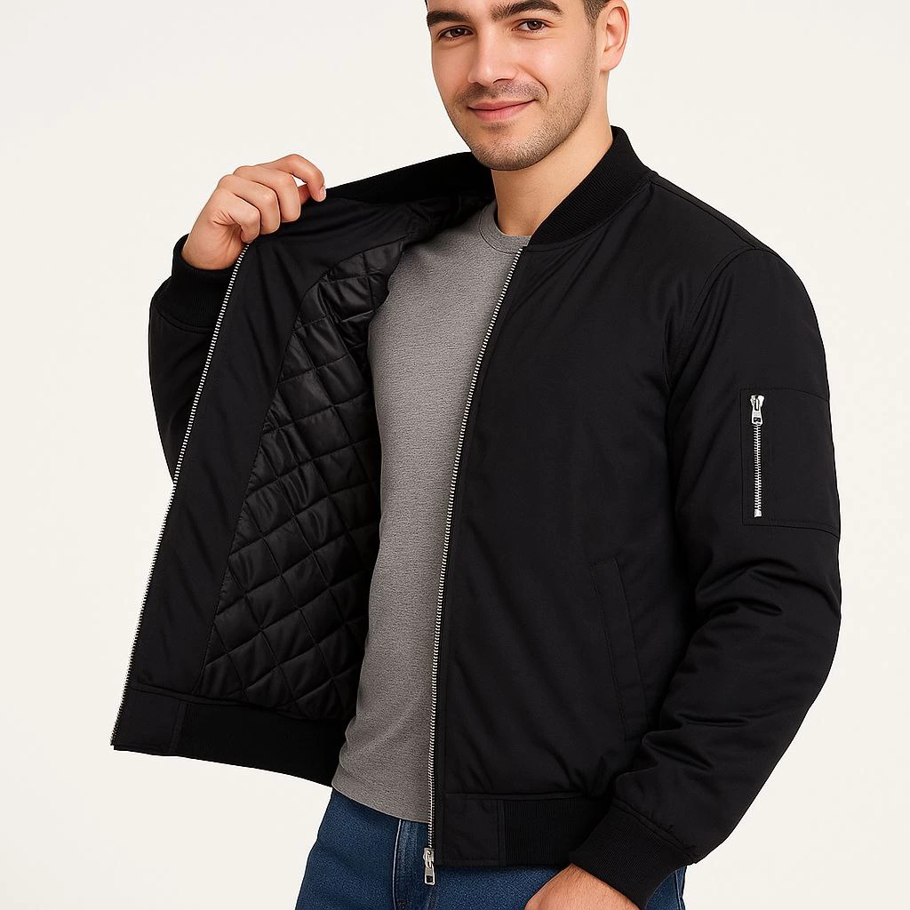 Erkek Bomber Mont Ceket - Fermuarlı, Kapitone İçi Astarlı, Su İtici Kumaş, Regular Fit, Uzun Kollu, Yandan Cepli, Bahar & Kış Rahat Günlük Stil - Siyah