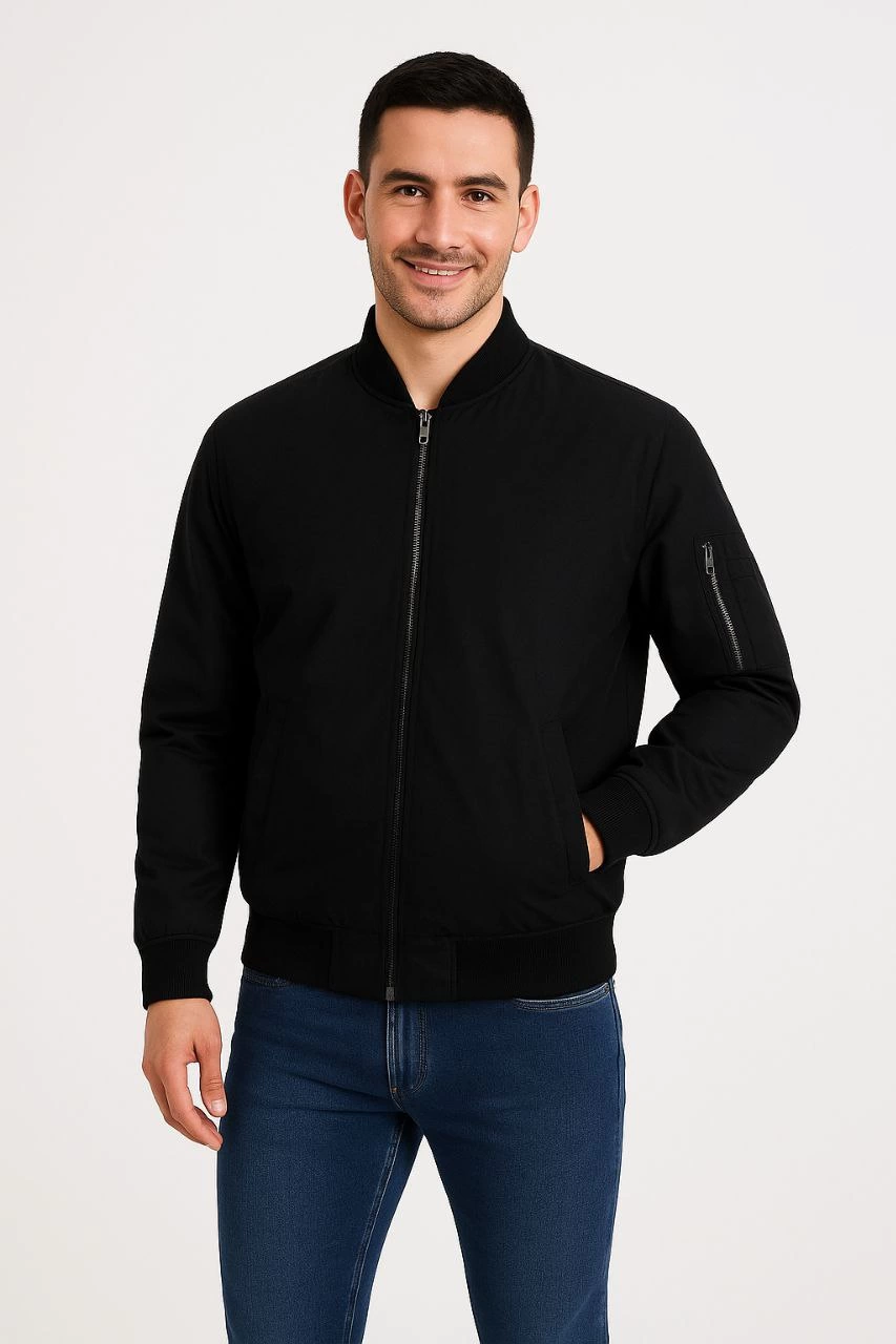 Erkek Bomber Mont Ceket - Fermuarlı, Kapitone İçi Astarlı, Su İtici Kumaş, Regular Fit, Uzun Kollu, Yandan Cepli, Bahar & Kış Rahat Günlük Stil - Siyah