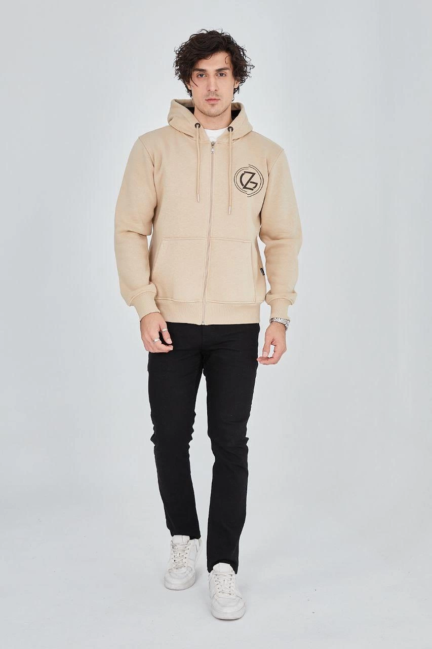 Men's Hooded Printed Zipper Cardigan - Beige