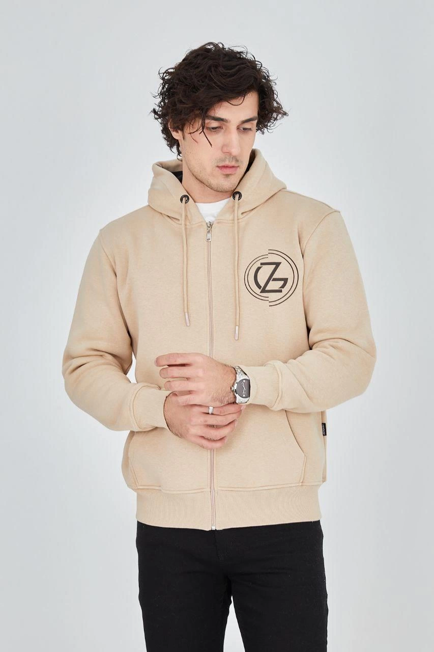 Men's Hooded Printed Zipper Cardigan - Beige