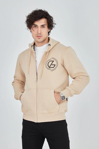 Men's Hooded Printed Zipper Cardigan - Beige