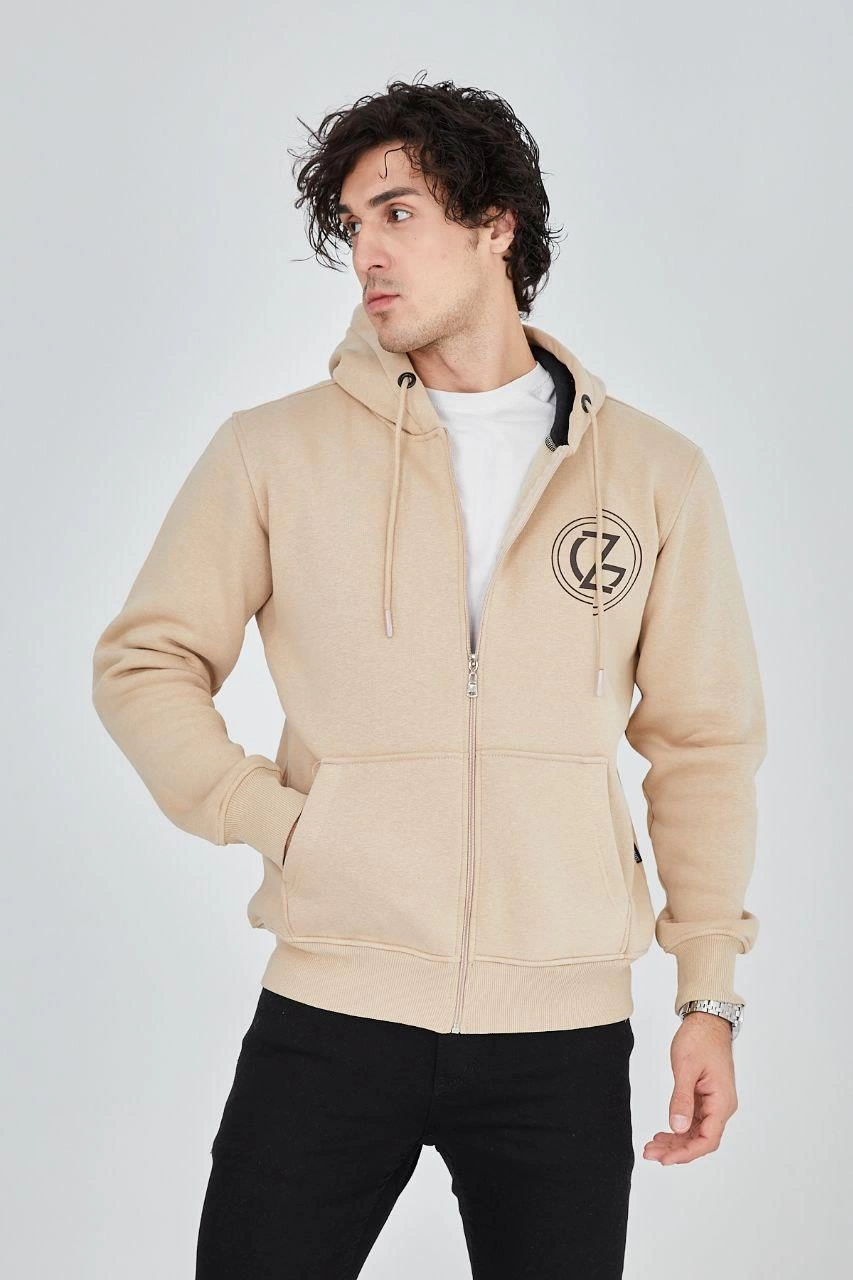 Men's Hooded Printed Zipper Cardigan - Beige