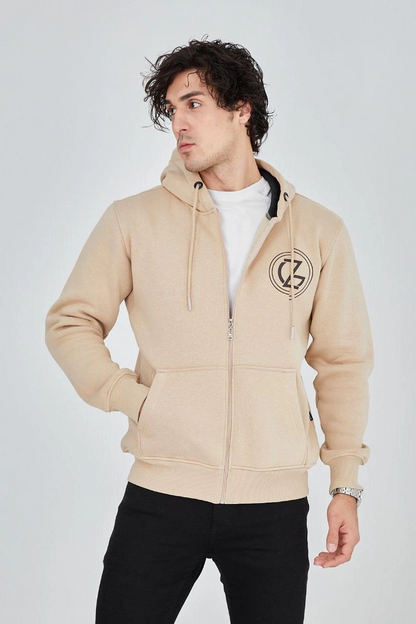 Men's Hooded Printed Zipper Cardigan - Beige