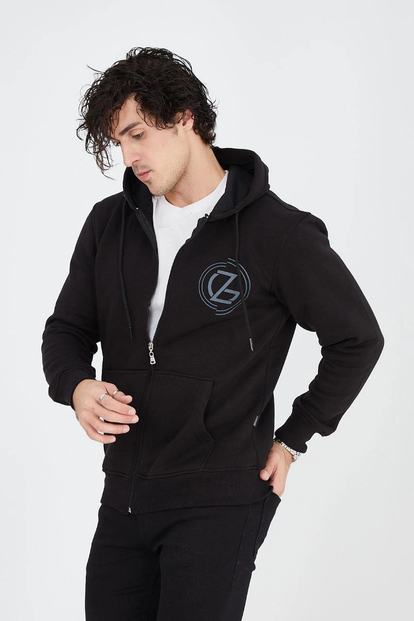 Men's Hooded Z Print Zip Cardigan - Black