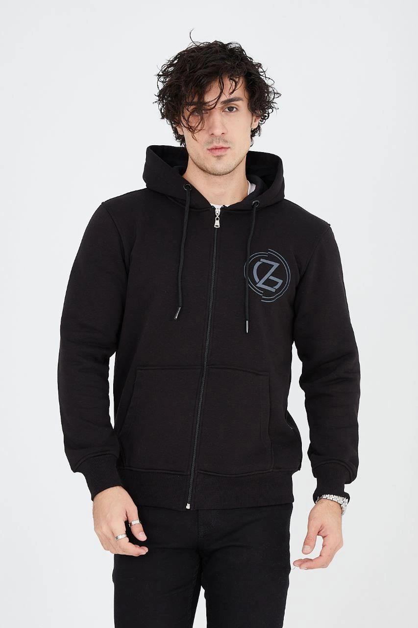 Men's Hooded Z Print Zip Cardigan - Black