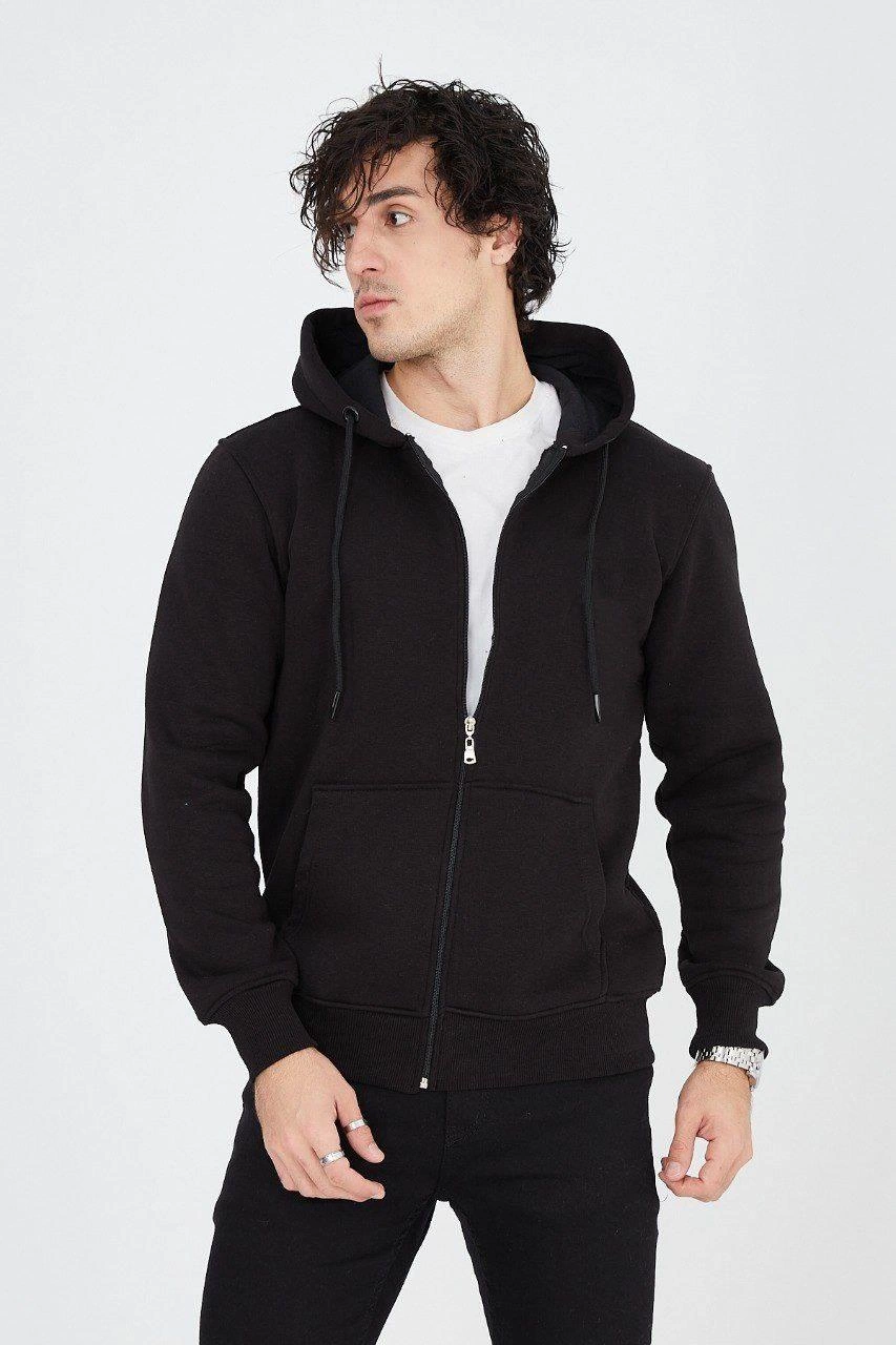 Men's Plain Zip-Up Cardigan Hoodie - Black