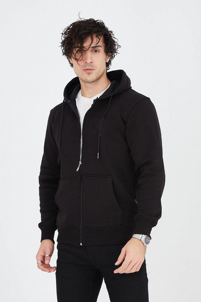 Men's Plain Zip-Up Cardigan Hoodie - Black