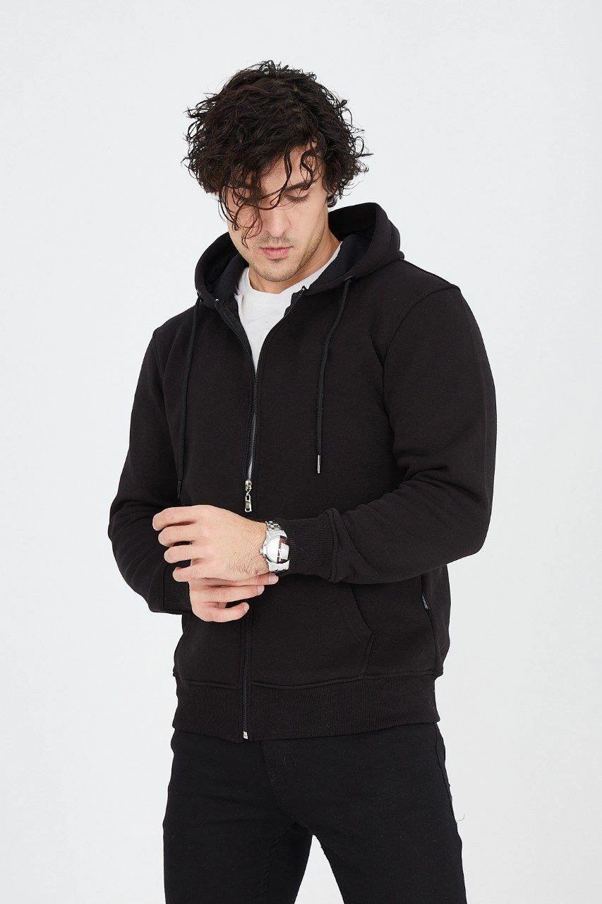 Men's Plain Zip-Up Cardigan Hoodie - Black
