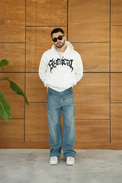 Men's Hooded 3-Thread Brushed Printed Front Zippered Oversized Sweatshirt - White