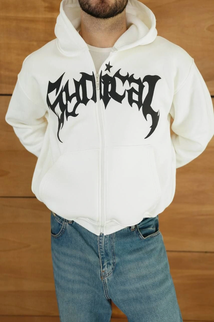 Men's Hooded 3-Thread Brushed Printed Front Zippered Oversized Sweatshirt - White