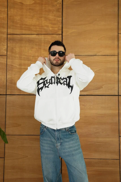 Men's Hooded 3-Thread Brushed Printed Front Zippered Oversized Sweatshirt - White