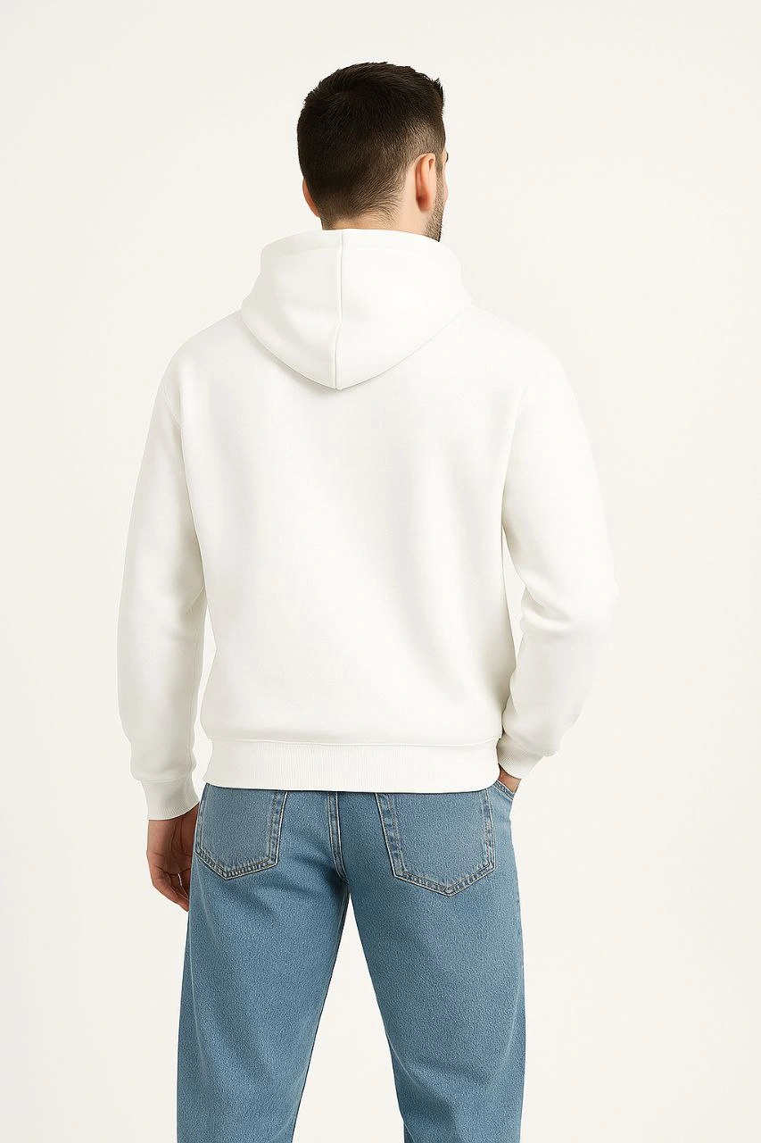 Men's Hooded 3-Thread Brushed Printed Front Zippered Oversized Sweatshirt - White