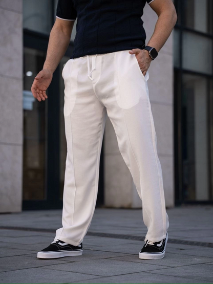Men's Linen Pocket Top-stitched Jogger Baggy Trousers Relaxed Fit - White
