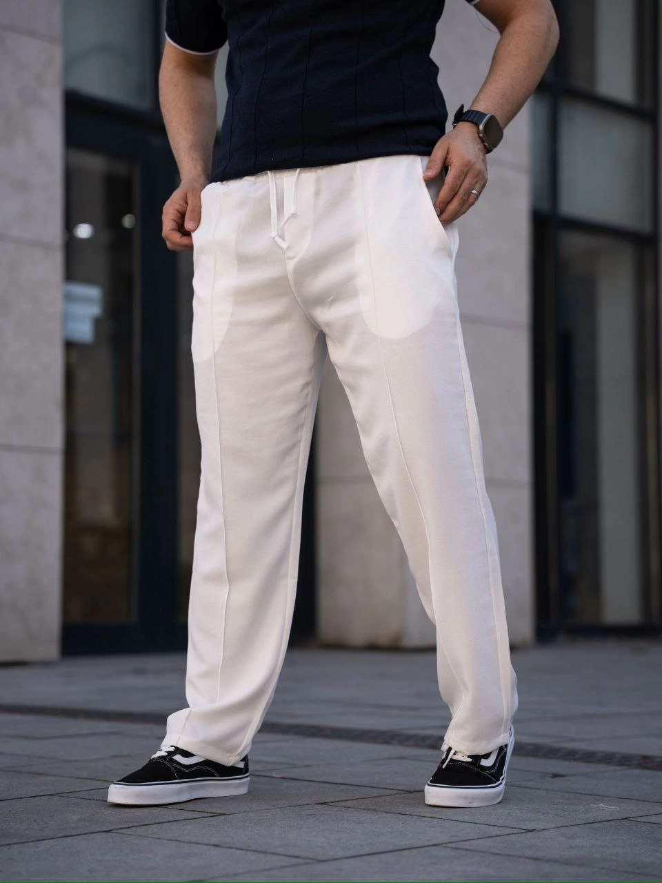 Men's Linen Pocket Top-stitched Jogger Baggy Trousers Relaxed Fit - White