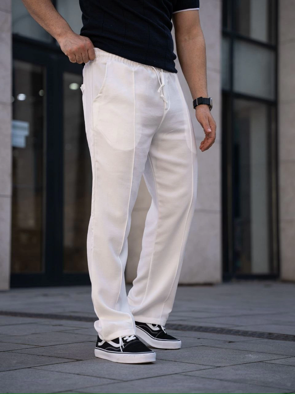 Men's Linen Pocket Top-stitched Jogger Baggy Trousers Relaxed Fit - White