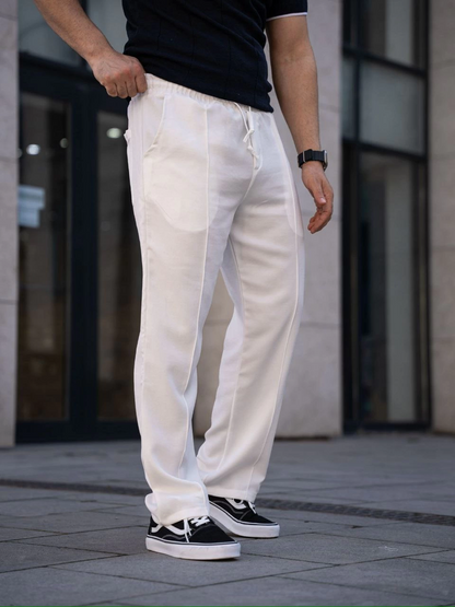 Men's Linen Pocket Top-stitched Jogger Baggy Trousers Relaxed Fit - White