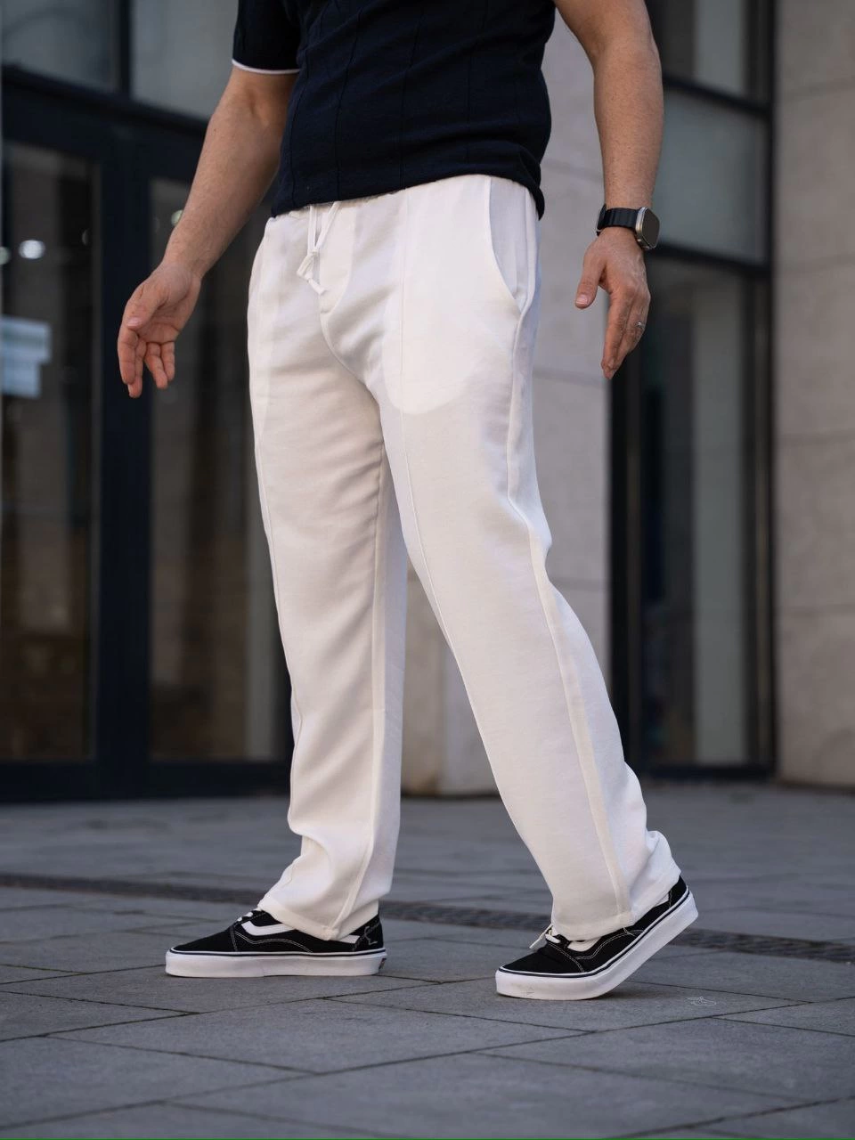 Men's Linen Pocket Top-stitched Jogger Baggy Trousers Relaxed Fit - White