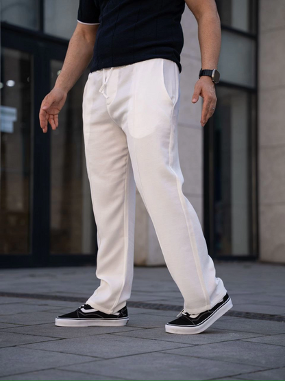Men's Linen Pocket Top-stitched Jogger Baggy Trousers Relaxed Fit - White