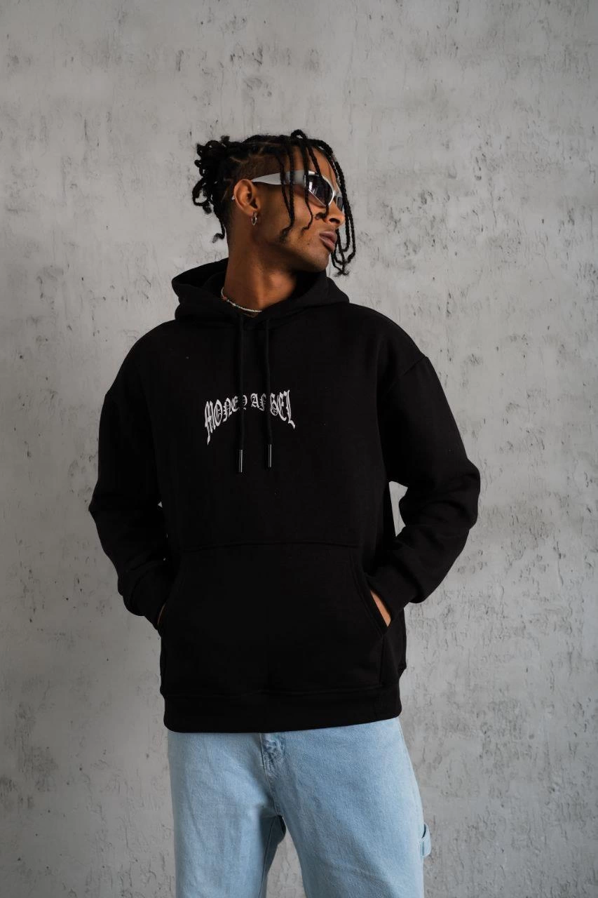 Men's Drawcord Printed Hooded Sweatshirt - Black