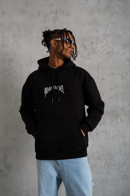 Men's Drawcord Printed Hooded Sweatshirt - Black