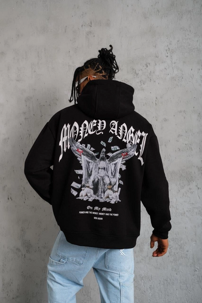 Men's Drawcord Printed Hooded Sweatshirt - Black