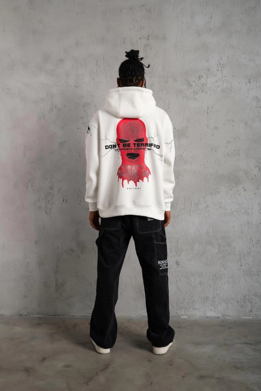 Erkek Maske Baskılı Kapüşonlu Sweat - Beyaz