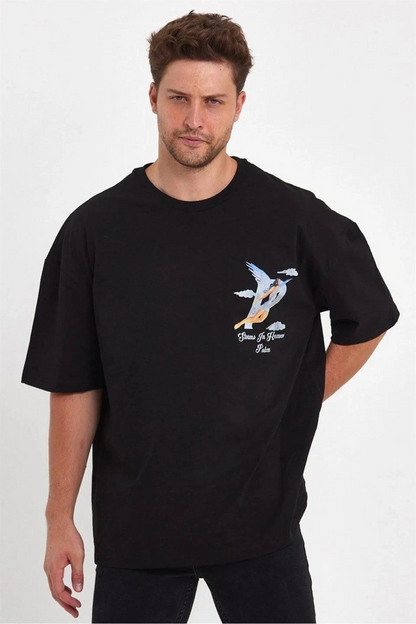 Men's Angel Print Oversize T-shirt - Black