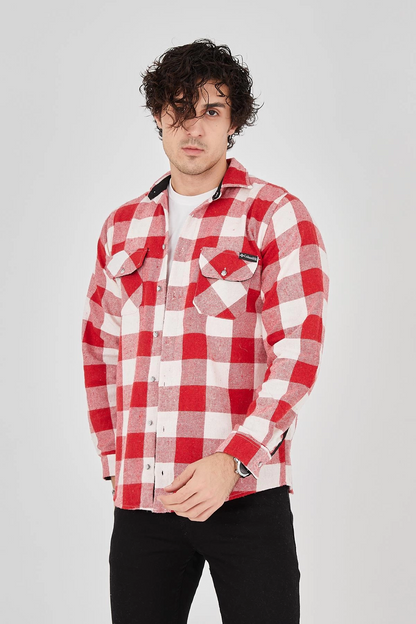 Erkek Oduncu Gömlek - Uzun Kollu, Şardonlu Kumaş, Kareli Desen, Regular Fit, Manşetli, Çift Cepli, Rahat Günlük Bahar & Kış Stil - Pembe
