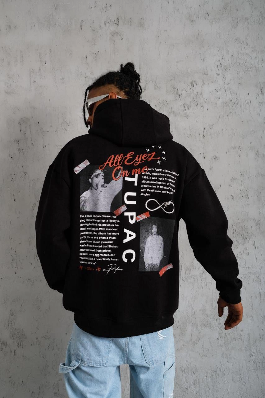 Men's Front and Back Print Hooded Sweatshirt - Black