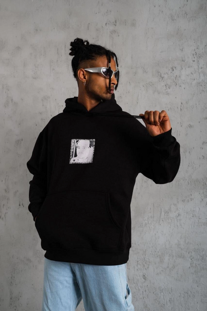 Men's Front and Back Print Hooded Sweatshirt - Black