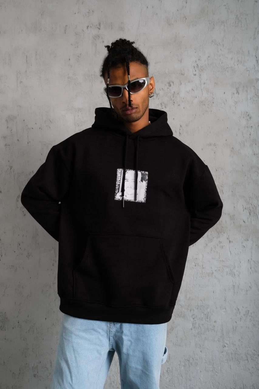Men's Front and Back Print Hooded Sweatshirt - Black