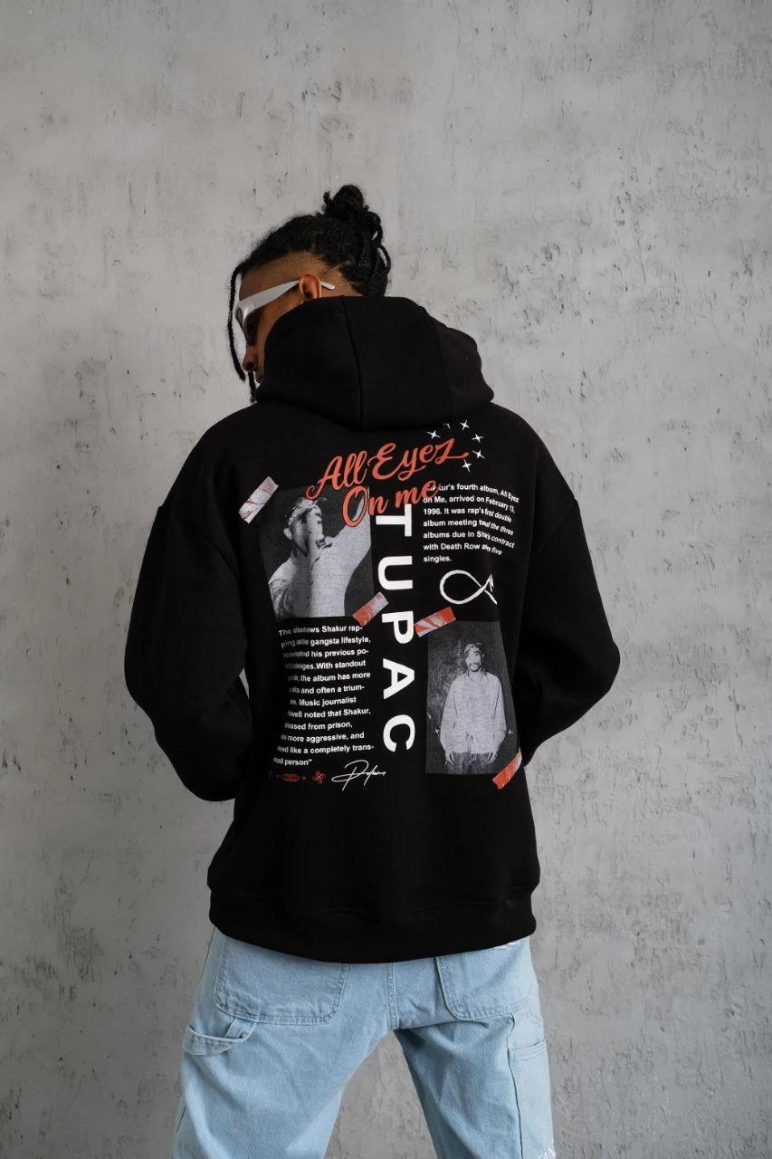 Men's Front and Back Print Hooded Sweatshirt - Black