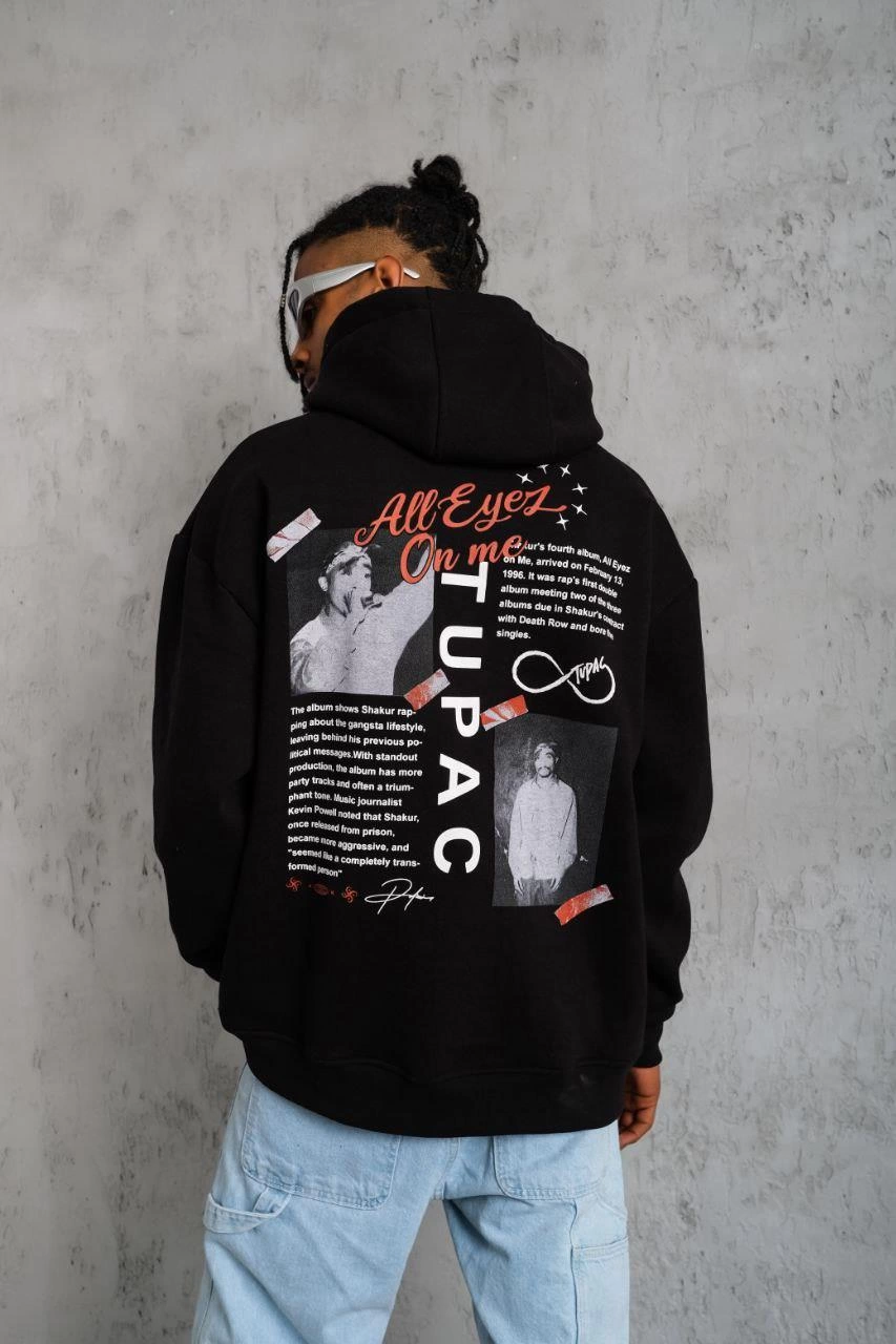 Men's Front and Back Print Hooded Sweatshirt - Black
