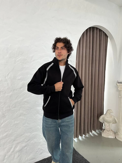 Men's Oversize Stand Collar Zippered Sweatshirt - Chain Embroidered Kangaroo Pocket - Black