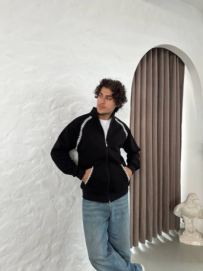 Men's Oversize Stand Collar Zippered Sweatshirt - Chain Embroidered Kangaroo Pocket - Black
