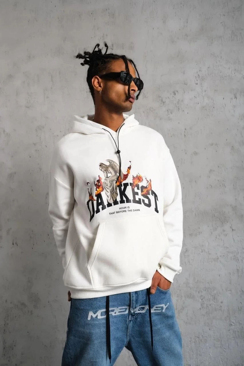 Men's Oversize Hooded Sweatshirt - White Three-Thread Cotton Lined Kangaroo Pocket Printed Hoodie Comfortable Fit Suitable for Winter Casual Outfits - White